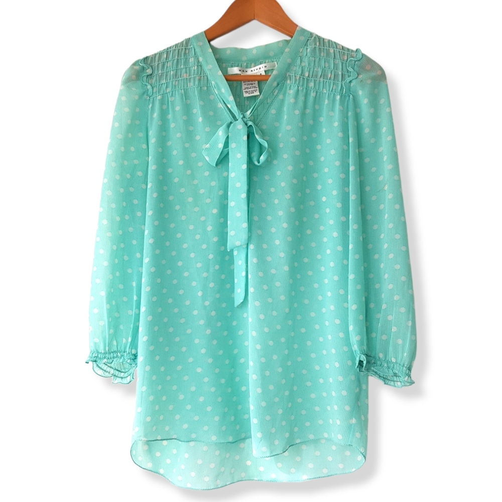MAX STUDIO Aqua Polkadot Front Bow Chiffon Blouse